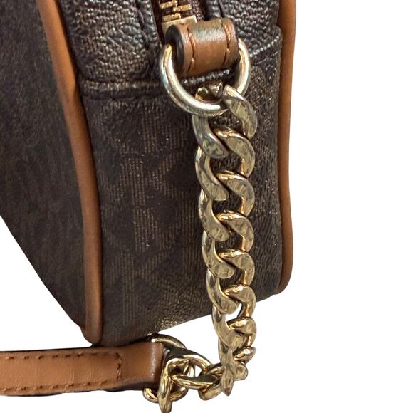 Michael Kors Jet Set Brown MK Signature Crossbody Bag Leather Trim Gold Hardware - Picture 9 of 13